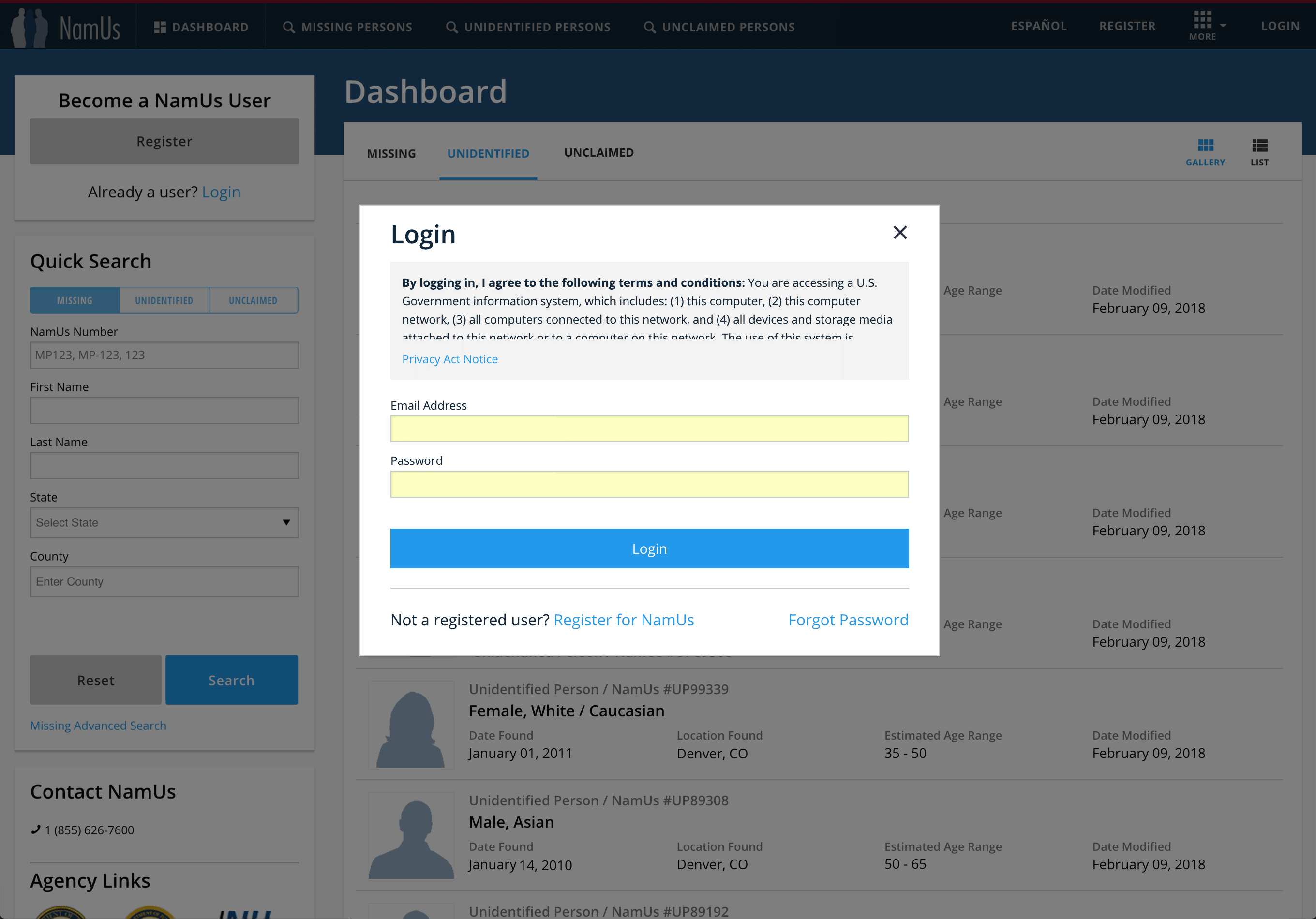 NamUs Login