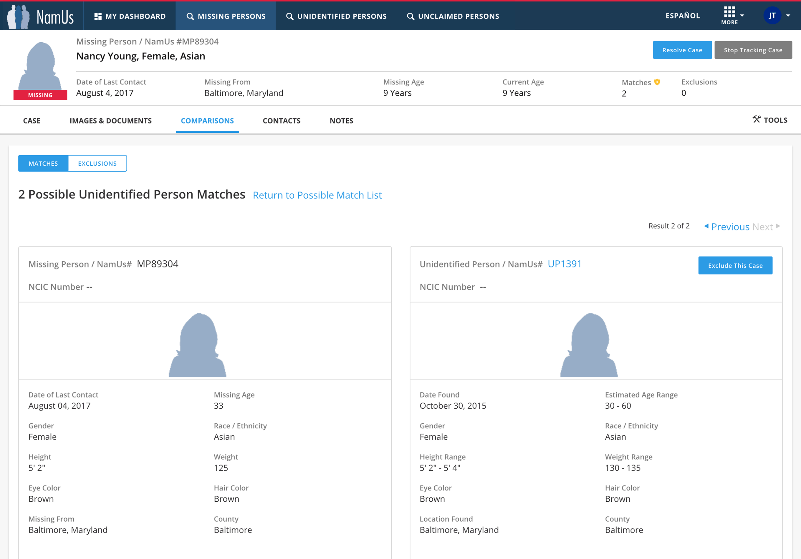 NamUs Case Matching