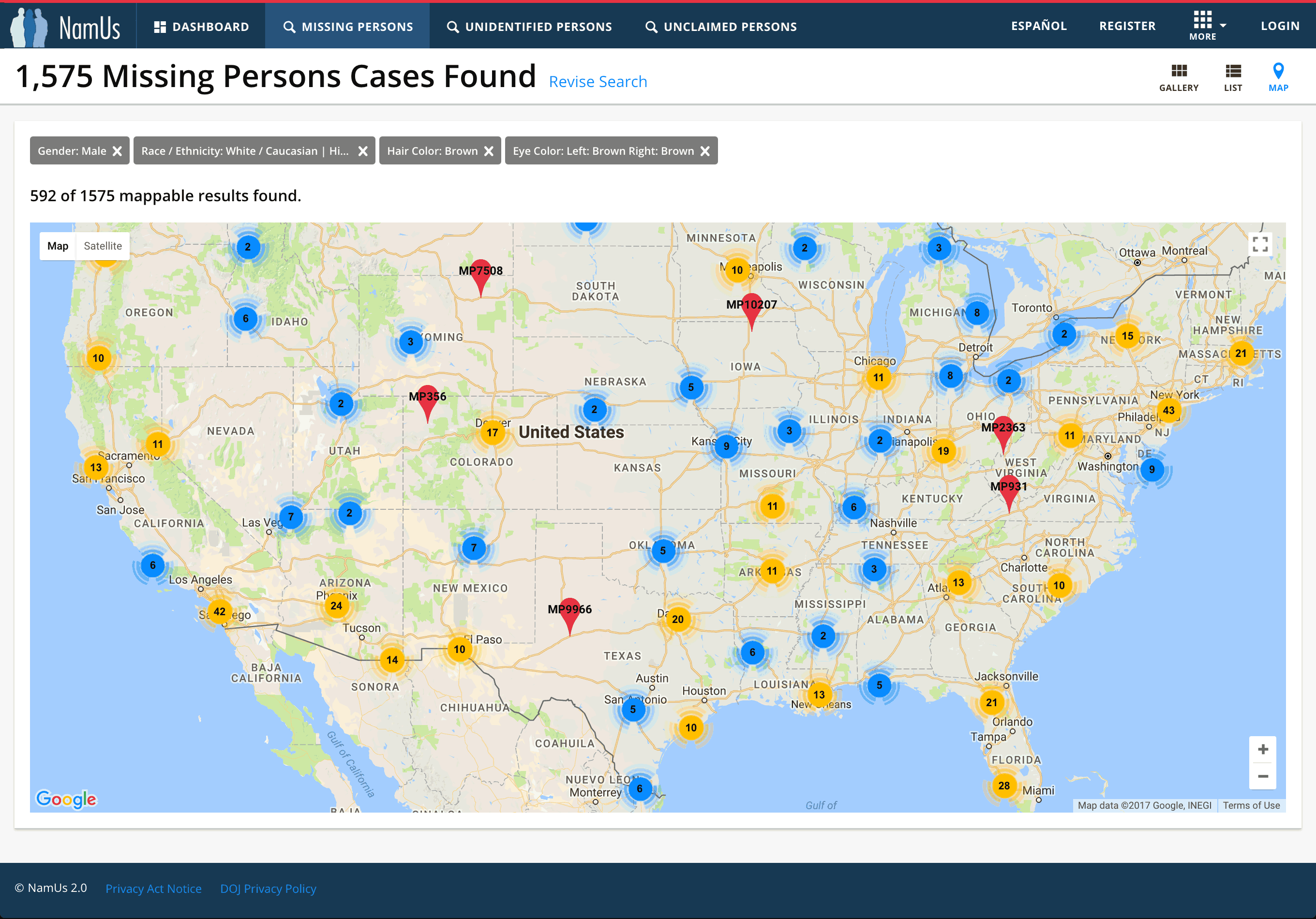 NamUs Search Results Map