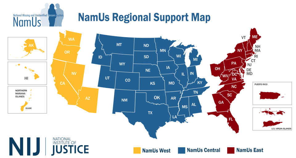 NamUs support is split between three regions - NamUs West, NamUs Central, and NamUs East